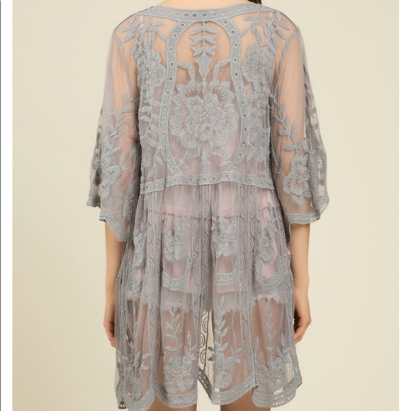 Sheer Lace Grey front tie Kimono - Picture 5 of 8